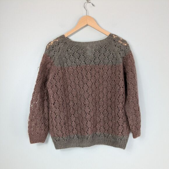 Vintage Cardigan Sweater L Gray Pink Open Knit Grandma Cottage Mauve Heritage - Picture 3 of 8